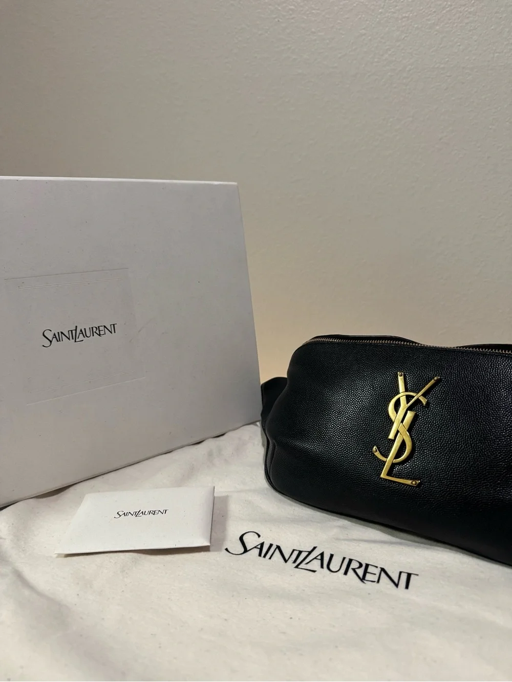 Saint Laurent YSL Cassandre Black Leather Belt Bag Full Set